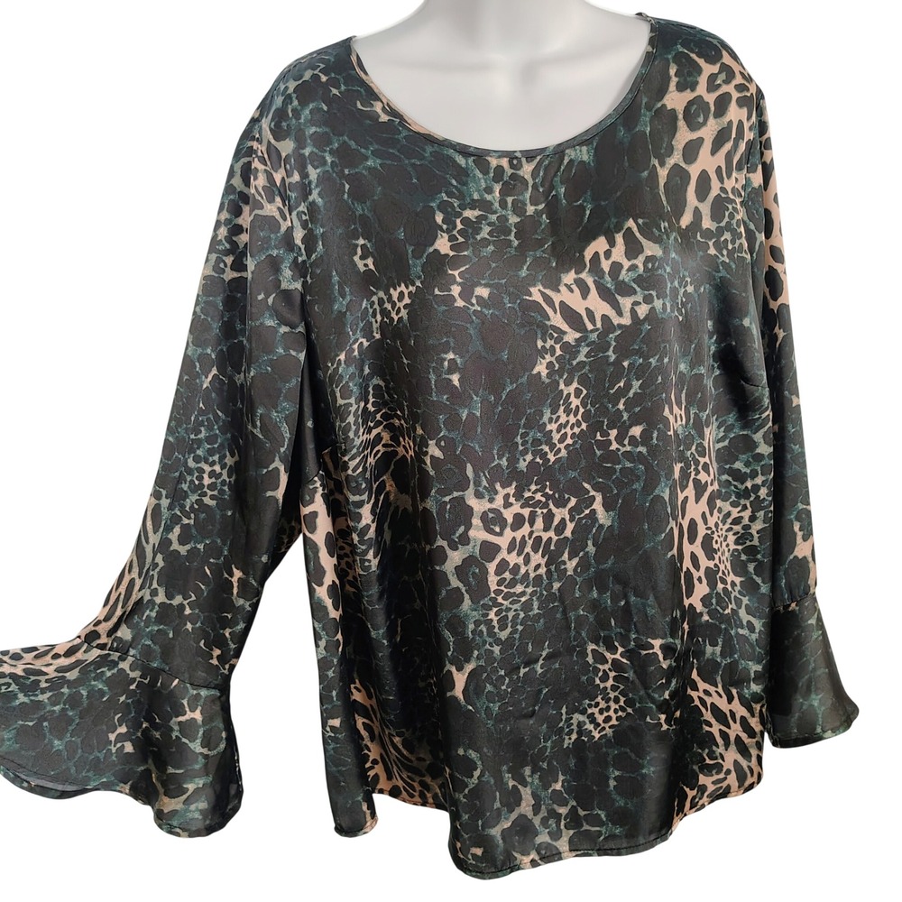Ellos Womens Green Leopard Print Bell Sleeve Satin Blouse Top Size 20 burnout